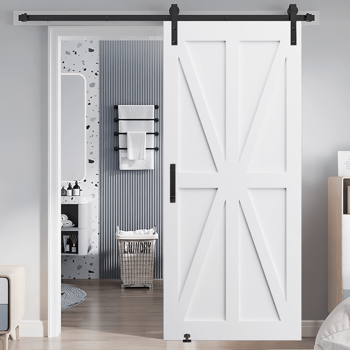 28" x 84" Star Style Real Primed Door Slab & 6.6FT Barn Door Sliding Hardware & Adjustable Floor Guider & Pull Handle, DIY Unfinished Paneled Door, Modern Interior Barn Door, Moisture-proof B5A9446