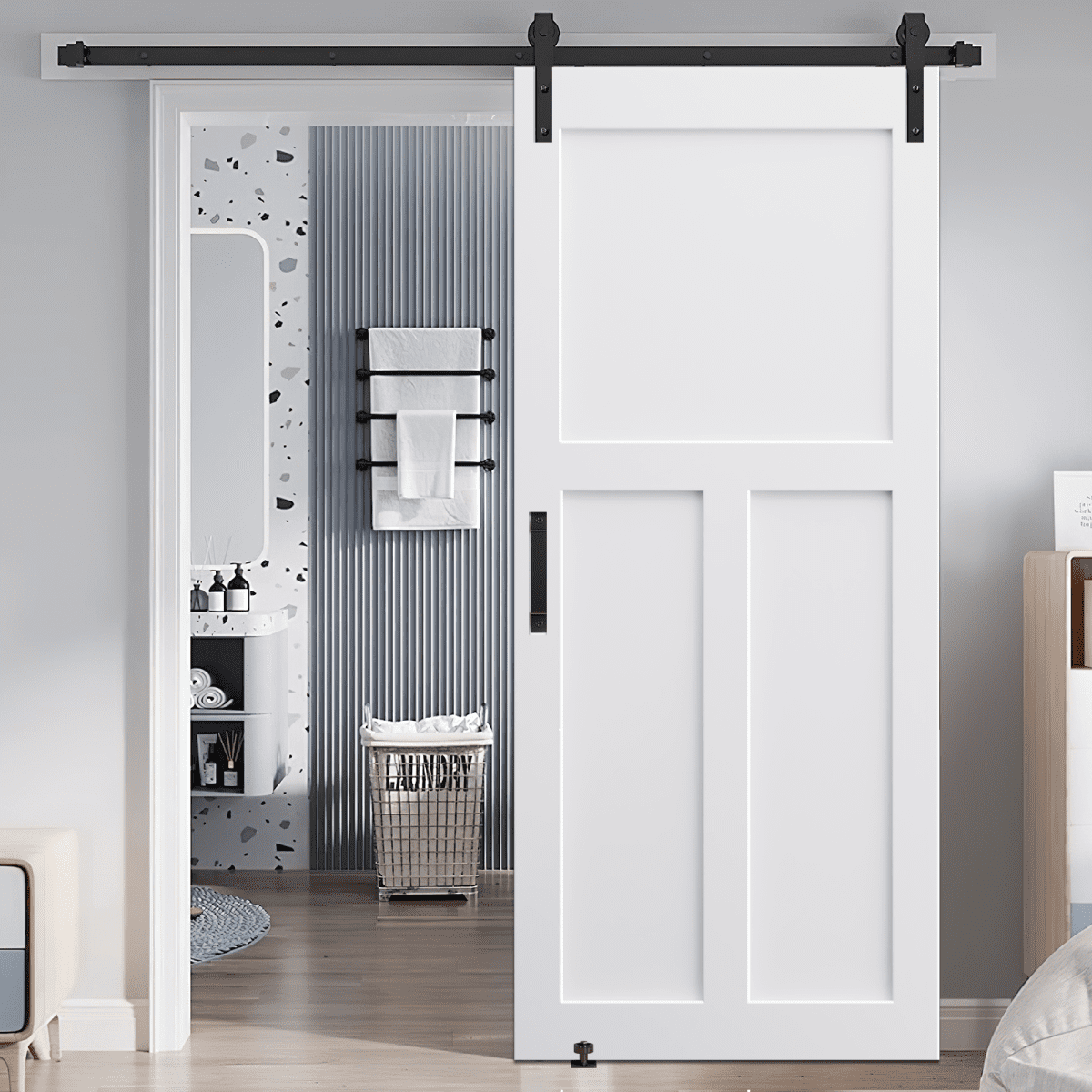 28" x 84" "T" Style Real Primed Door Slab & 6.6FT Barn Door Sliding Hardware & Adjustable Floor Guider & Pull Handle, DIY Unfinished Paneled Door, Modern Interior Barn Door, Moisture-proof B5A9361