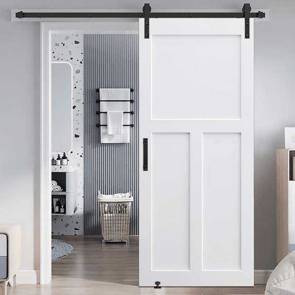 28" x 84" "T" Style Real Primed Door Slab & 6.6FT Barn Door Sliding Hardware & Adjustable Floor Guider & Pull Handle, DIY Unfinished Paneled Door, Modern Interior Barn Door, Moisture-proof B5A9361