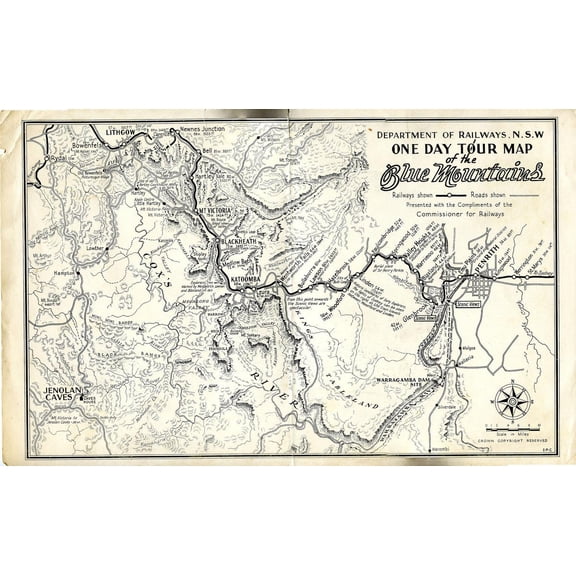 28"x17" Heavyweight Photo Paper Quality Poster: Department of Railways N.S.W. One Day Tour Map of the Blue Mountains Notes Verso of brochure distributed to patrons on the railway tour from Central t
