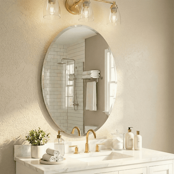 28"x20" Frameless Oval Bathroom Mirror, Beveled Vanity Wall Mirror with Support Back Panel, Ideal for Over Sink, Small Vanities, Entryway