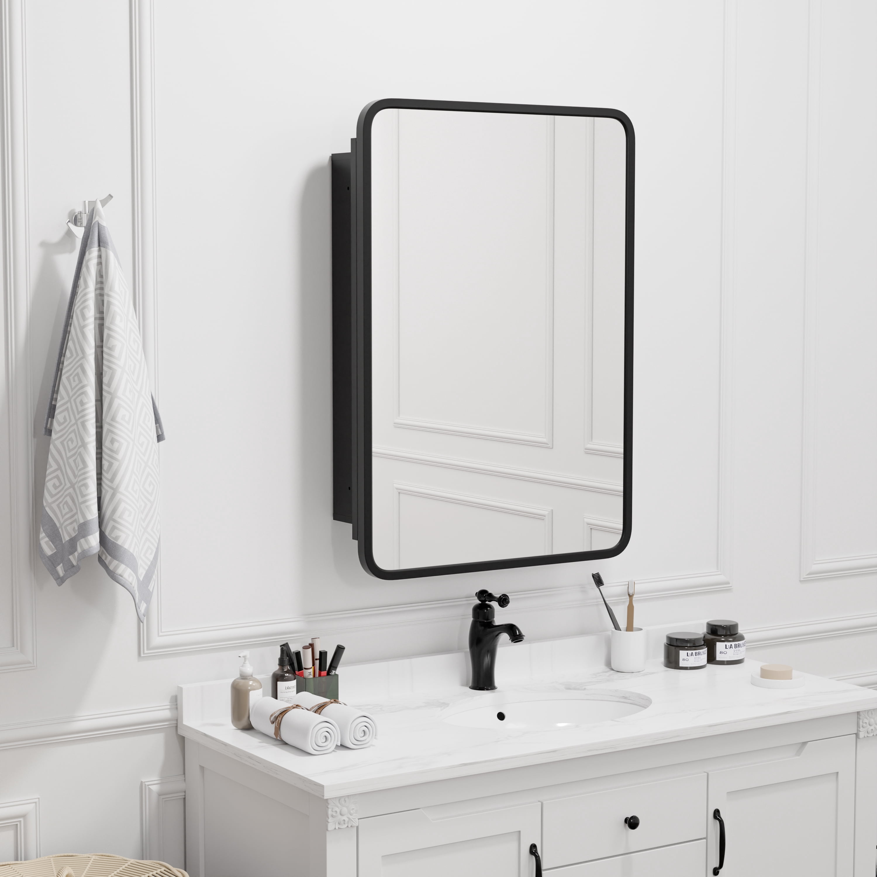 28"x20" Rectangle Recessed/Surface Mount Medicine Cabinet with Mirror,Black