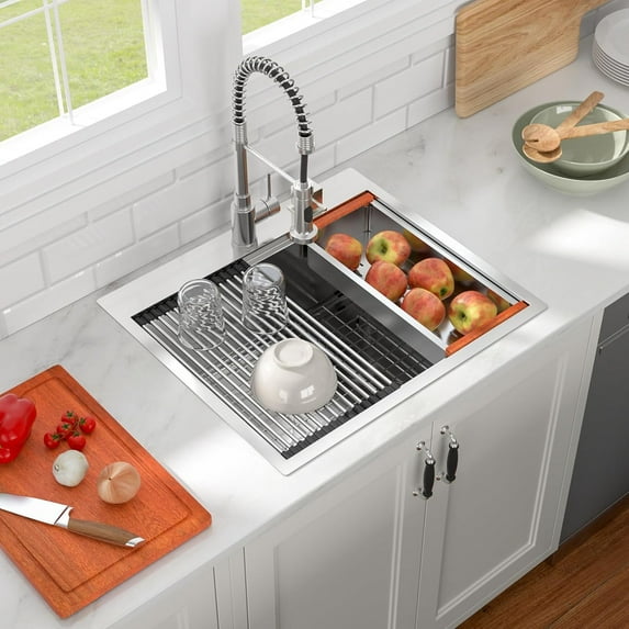 28"x22" Drop In Workstation Kitchen Sink 16 Gauge Stainless Steel Top mount Single Bowl Ledge Handmade Contemporary Deep Sink Bowl Basin