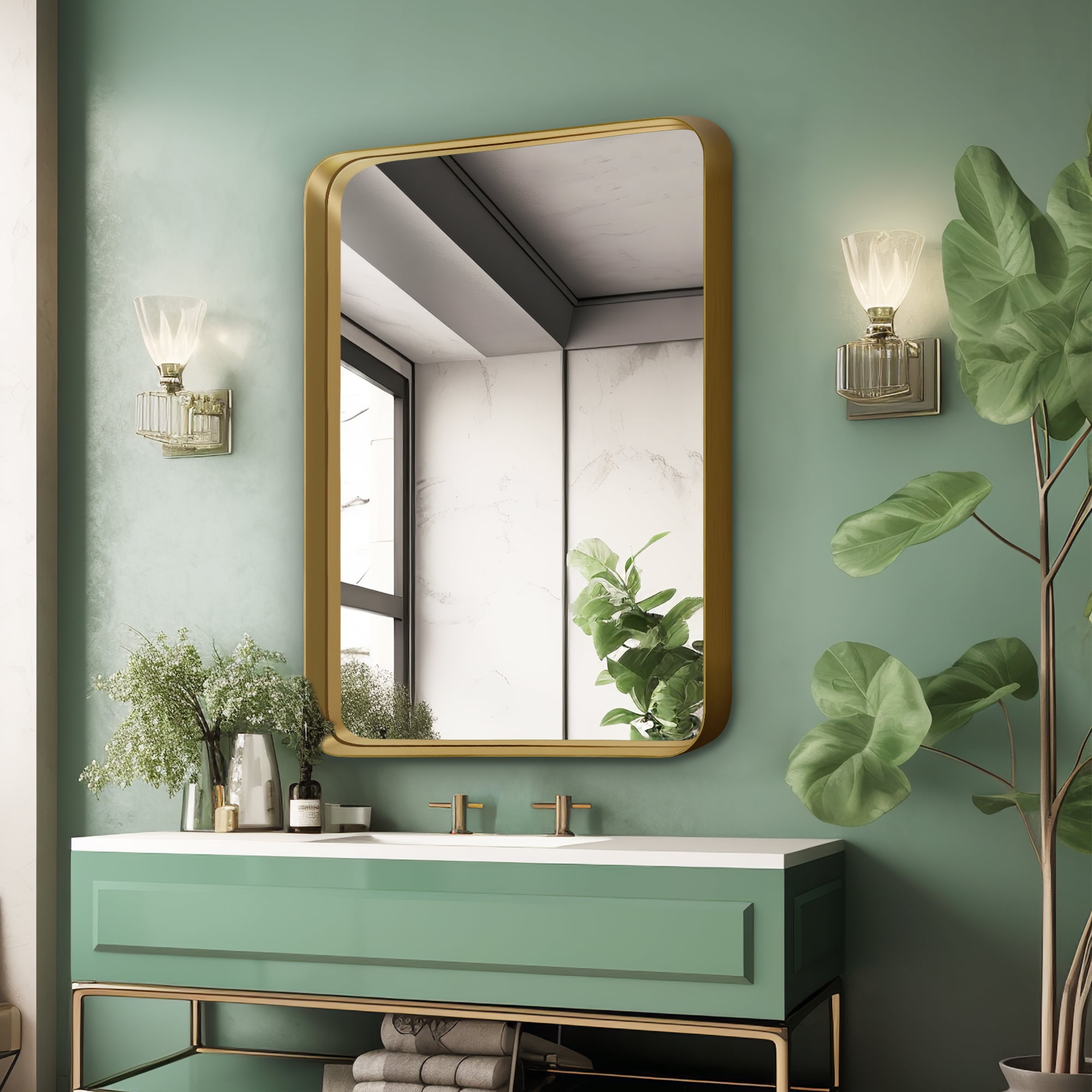 28"x24" Aluminum Alloy Wall Mount Rounded Corner Rectangular Mirror,Gold