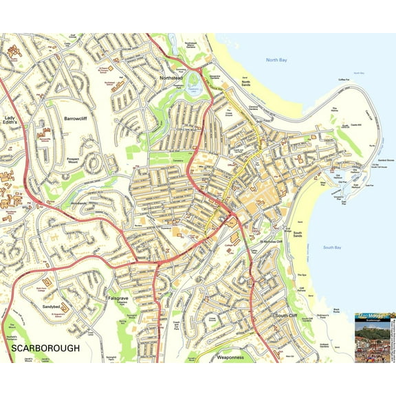28"x24" Heavyweight Photo Paper Quality Poster: Scarborough Offline Street Map, including Scarborough Castle, Harbour, North Bay, South Bay and