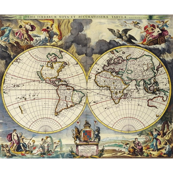 28"x24" Heavyweight Photo Paper Quality Poster: Vintage Map - Old Map 66 Antique Maps of the World Double Hemisphere M