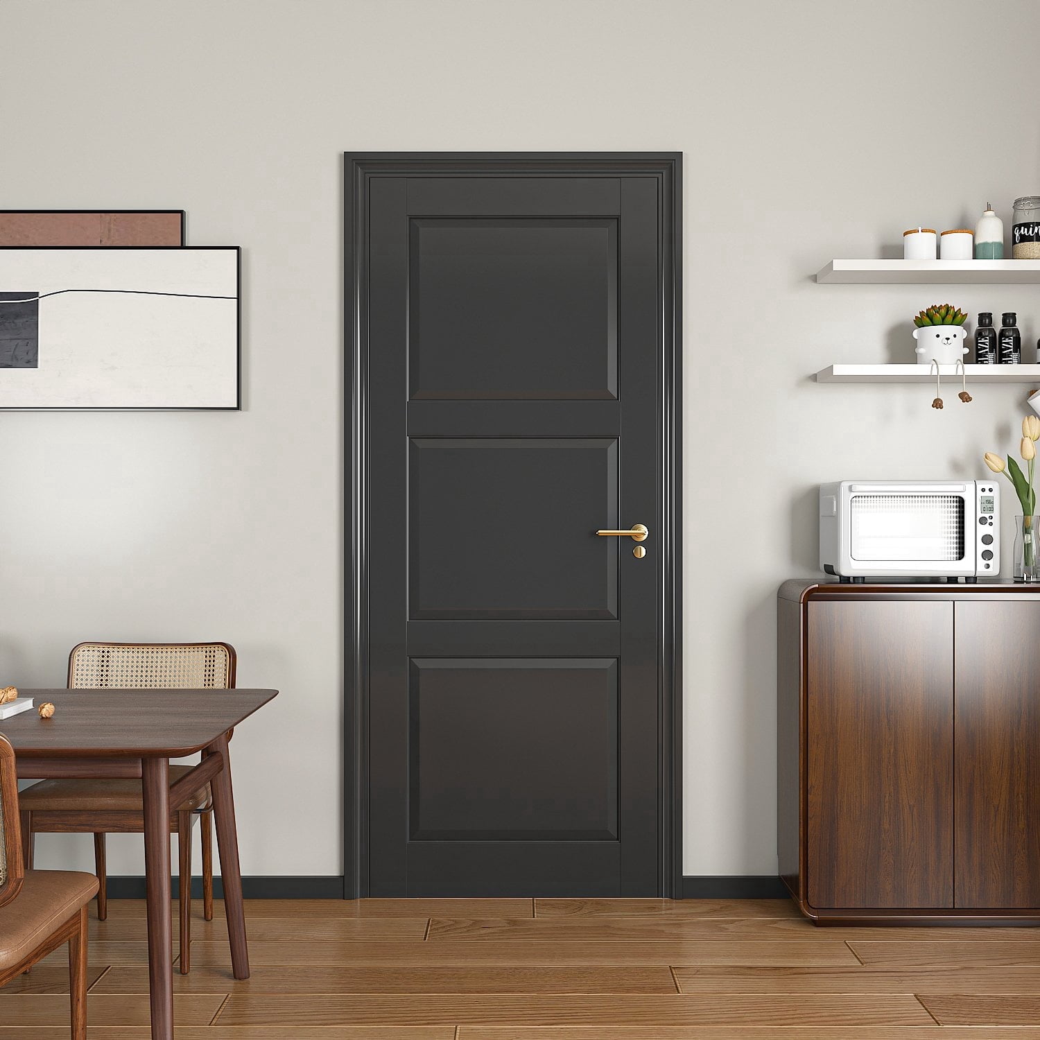 28"x80" 3-Panel Interior Door Slab, Prefinished Laminate Black & Solid Core Soundproof for Bedroom, Bathroom, Closet, Pantry, Office, Laundry, Utility,Shaker Hinged w/o Hardware&Frame