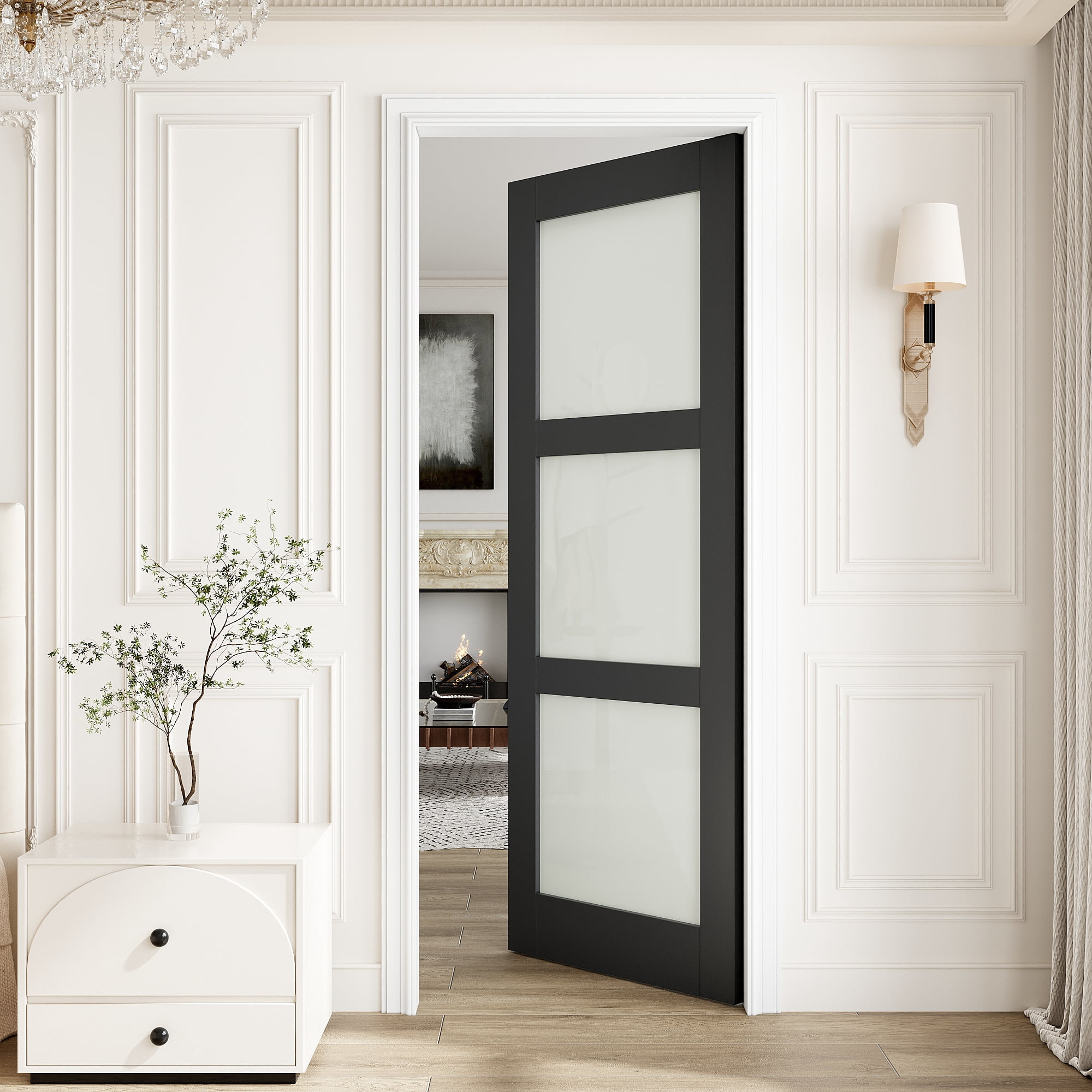 28"x80" Black 3-Lite Tempered Frosted Glass Interior Door Slab, No