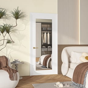 28"x80" Single-Side HD Dressing Mirror Interior Door Slab, Shaker Shatter-Resistant Glass Panel Reverse for Bedroom, Closet, Walk-In Bathroom, Dressing Room, Hinged, w/o Hardware&Frame, White