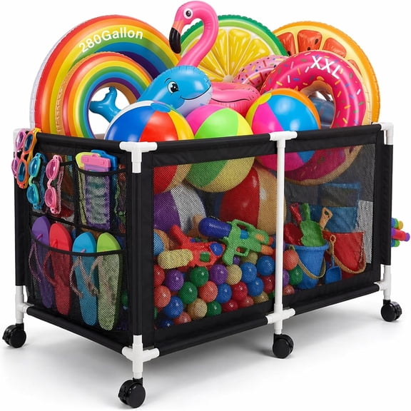 280 Gallon 69" Pool Storage Bin XXL Extra Large Swimming Pool Float Storage Bin, Pool Noodles Holder, Toys, Floats, Balls and Floats Equipment Mesh Rolling Bin for Garden Lawn,69" Lx32 Wx35 H (Black)