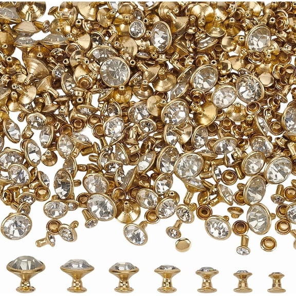 280 Sets 7 Sizes Clear Rhinestone Rivets (5/6/7/8/9/10/11mm) Golden Rivets Metal Double Cap Rhinestone Stud Rivets Studs