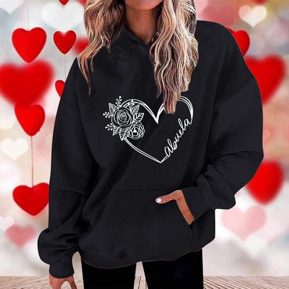 2024 Hot Women Tops in Clearance Womens Fashion Casual Valentines Day Printing Long Sleeve Tops Hoodie Sweatshirts Fall Clothes, Black L