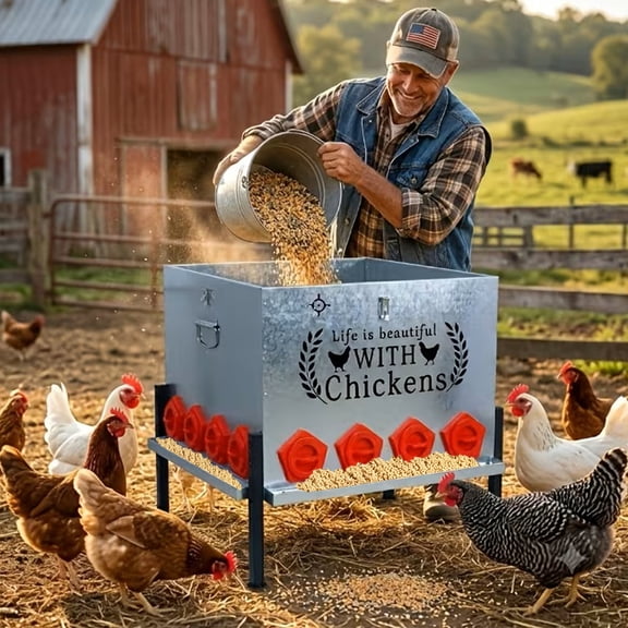 280 lbs waste-free large chicken feeder, metal automatic poultry feeder with 16 feeding ports, suitable for chickens, ducks, geese