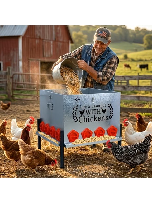 280 lbs waste-free large chicken feeder, metal automatic poultry feeder with 16 feeding ports, suitable for chickens, ducks, geese