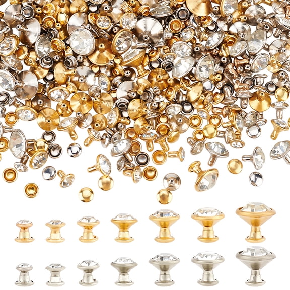 280 sets 7 Sizes Clear Rhinestone Rivets (5~11mm) Platinum golden Rivets Metal Double Cap Rhinestone Stud Rivets Studs for Leather Clothes Arts Crafts Decor