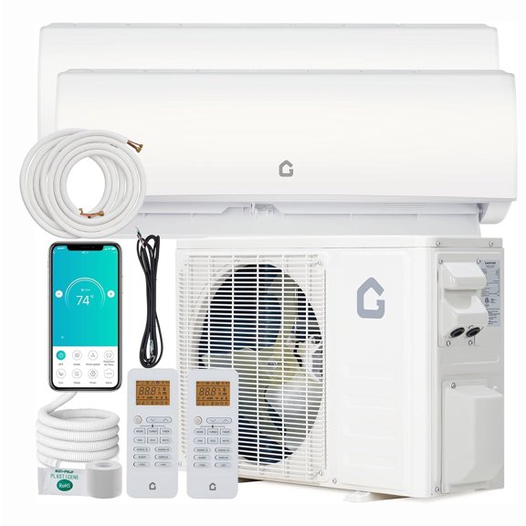 28000 BTU 2 Zone Mini Split AC Heating & cooling System 12k + 12k BTU Air Conditioner 20 SEER2 208-230V AC Pre-Charged Condenser Heat Pump Include Copper Tube