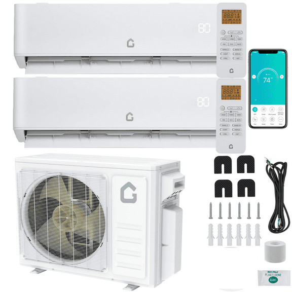 28000 BTU Dual Zone WIFI Mini Split AC/Heating System, 20 SEER2 2 Zone 9000+18000 BTU Ductless Split Air Conditioner with Pre-Charged Condenser, Not Include Copper Tube Line Set, 208-230V