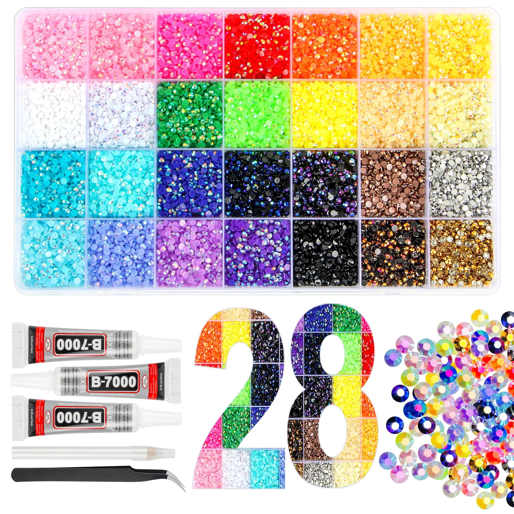 28000Pcs Resin Jelly Rhinestones for Bedazzling, 28 Colors 3mm Flatback Gems for Diamond Art, Bedazzler Kit with 3Pcs 10ml B7000 Jewelry Glue for Crafting Crafts Book Shoes Nail Art