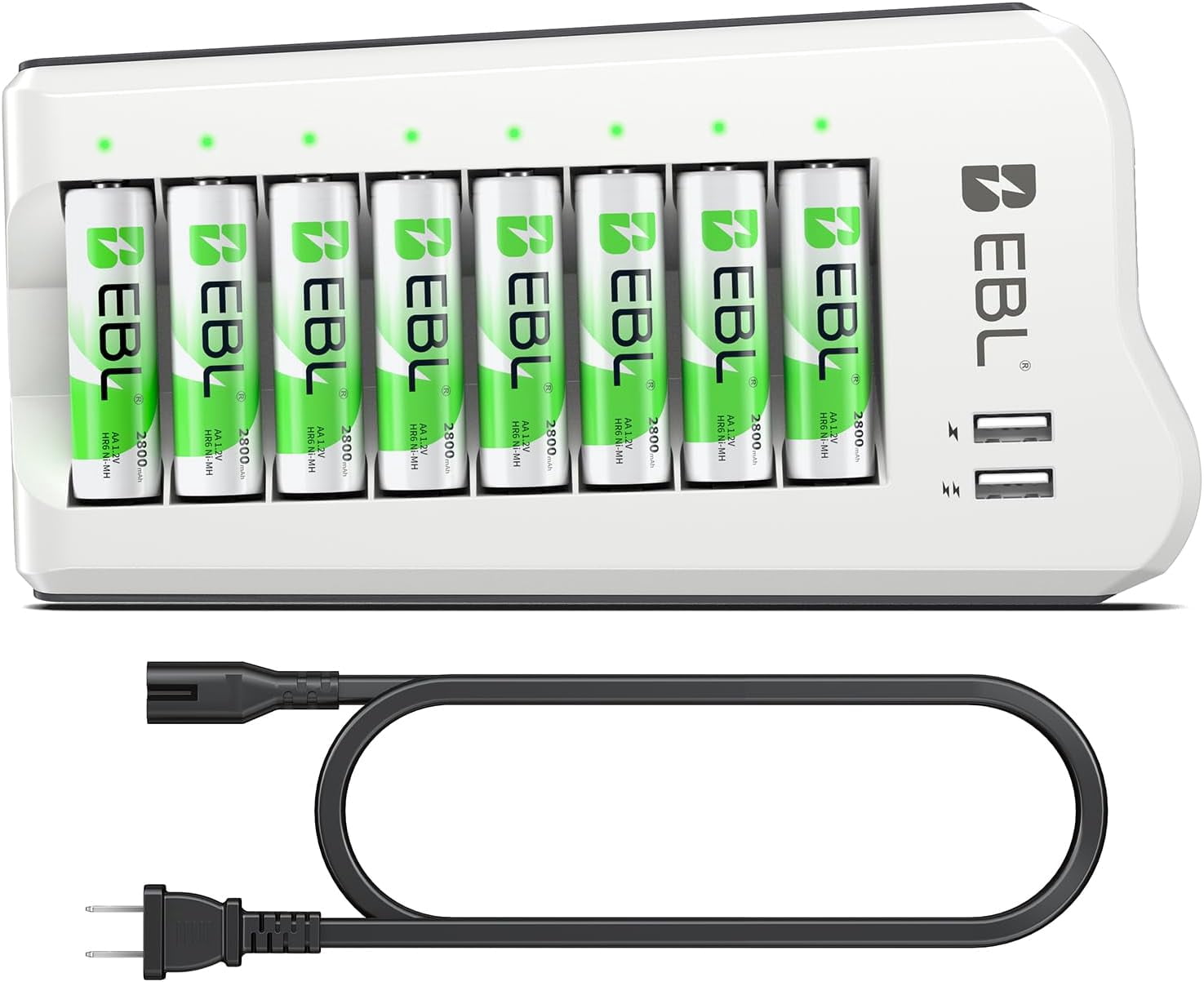 2800mAh Ni-MH AA Rechargeable Batteries (8 Pack) and AAA Battery Charger with 2 USB Charging Ports