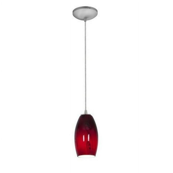 28011-1C-BS-RUSKY Merlot One Light Pendant with Cord, Brushed Steel Finish & Red Sky Glass Shade