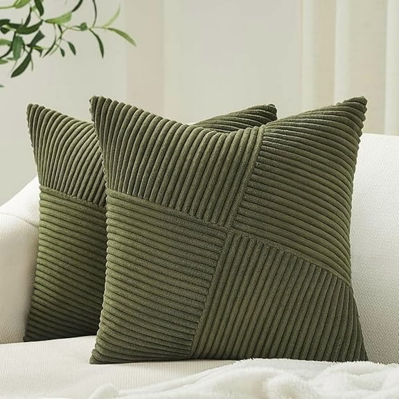 2809 Set of 2 Olive Green Decorative Throw Pillow Covers 22x22 Inches for Couch Bed Sofa, Boho Aesthetic Home Decor, Soft Corduroy Striped Patchwork Windmill Textured Cushion Cases 55x55 cm