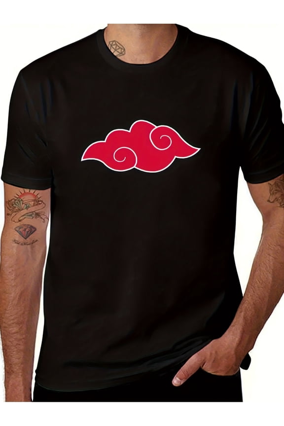 280G High-Quality Combed Men'S T-Shirt with a Round Neck And Short Sleeves Featuring a Red Cloud Anime Design. Black Casual Round-Neck Style with Red Cloud Prints, Bohemian Style, Regular Fit,