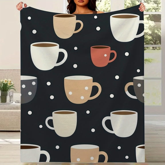 Our 280GSM Heavyweight Flannel Blanket - Ultra-Soft All-Season Cozy Throw with Coffee Cup Pattern in Brown/, Contemporary Bedspread or Couch Cover for Living Room, Dorm, Office - Durable & Warmth for