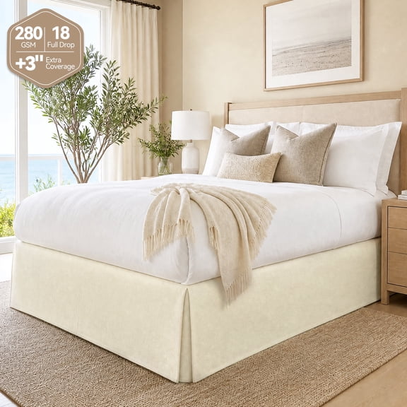 280GSM Linen King Size Bed Skirt 18" Drop, AzulHome Wrinkle-Free Premium Ivory Dust Ruffle with Double-Layer Adjustable Elastic, Flat Tailored Look