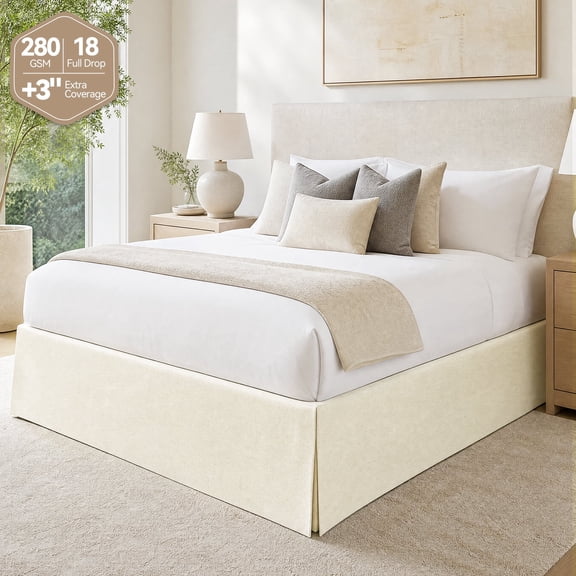 280GSM Linen Queen Size Bed Skirt 18" Drop, AzulHome Wrinkle-Free Premium Ivory Dust Ruffle with Double-Layer Adjustable Elastic, Flat Tailored Look
