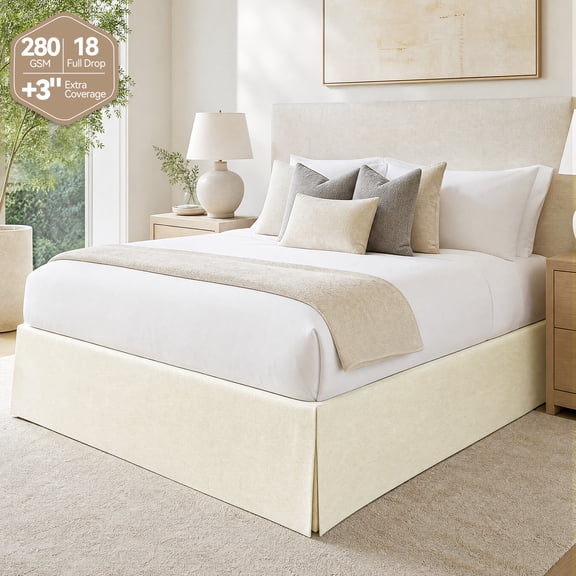 280GSM Linen Queen Size Bed Skirt 18" Drop, AzulHome Wrinkle-Free Premium Ivory Dust Ruffle with Double-Layer Adjustable Elastic, Flat Tailored Look
