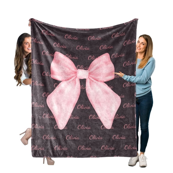 280GSM Personalized Pink Bow Fleece Throw Blanket, Custom Name Keepsake Bedding, Soft Warm Plush Blanket, Perfect Gift for New Mom and Home Decoration