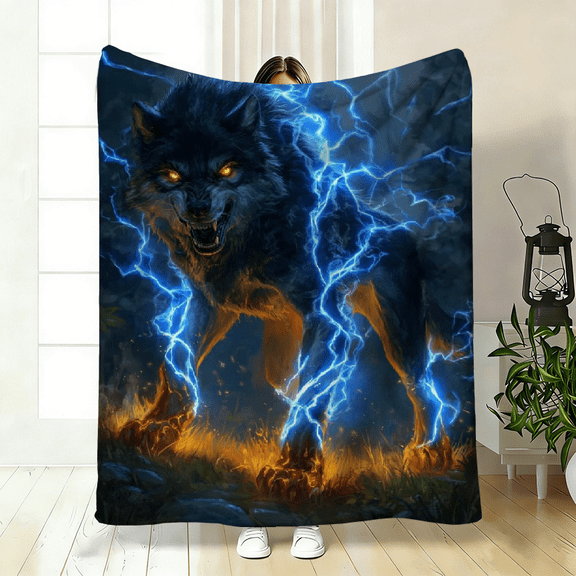 280GSM Wolf Lightning Flannel Blanket, Soft & Warm HD Printed Throw, 3 Sizes Available, Ideal for Travel Camping Sofa Bed, Perfect Gift for Family & Friends