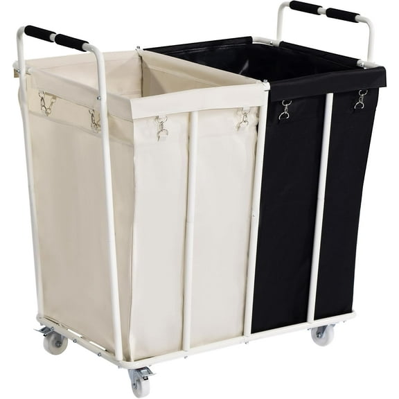 280L 2 Section Laundry Sorter Cart, Rolling Heavy Duty Laundry Sorter, Large Laundry Hamper with Removable Bags for Laundry Room, Bathroom, Hotel, Black & Beige