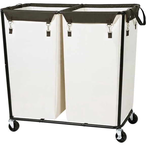 280L Rolling Industrial Laundry Hamper with Wheels, 2-Compartment Extra Large Laundry Sorter, Heavy Duty Dirty Clothes Basket Cart with Metal Frame for Home or Commercial Use