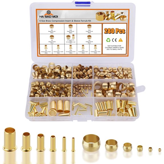 280PCS Compression Fittings Assortment kit - 6 Sizes (1/4", 3/8", 5/16", 1/2", 3/16",1/8") of Brass Compression Sleeve Ferrule & Insert, Connect for Air, Water, Fuel, Oil and Inert Gases