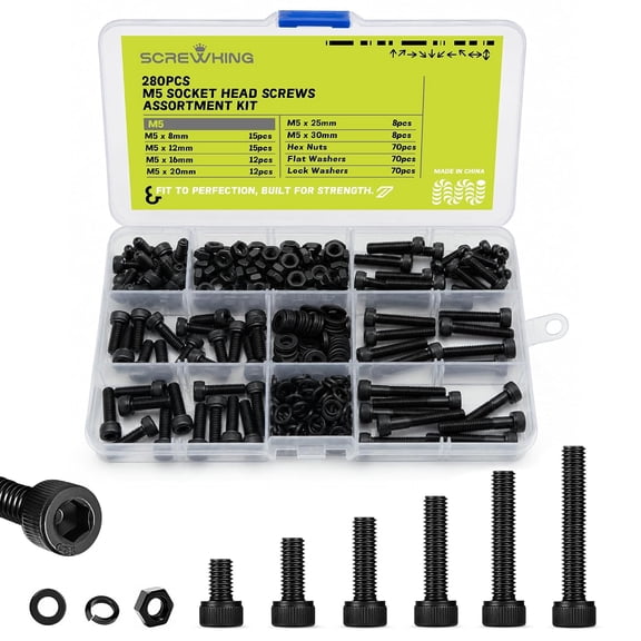 280PCS M5 Hex Socket Cap Screw Assortment Kit, 12.9 Grade Alloy Steel Socket Head Cap Screws with Nuts, Flat & Lock Washers, M5 Machine Screw Set (8mm-30mm) for 3D Printer, Electronics, DIY