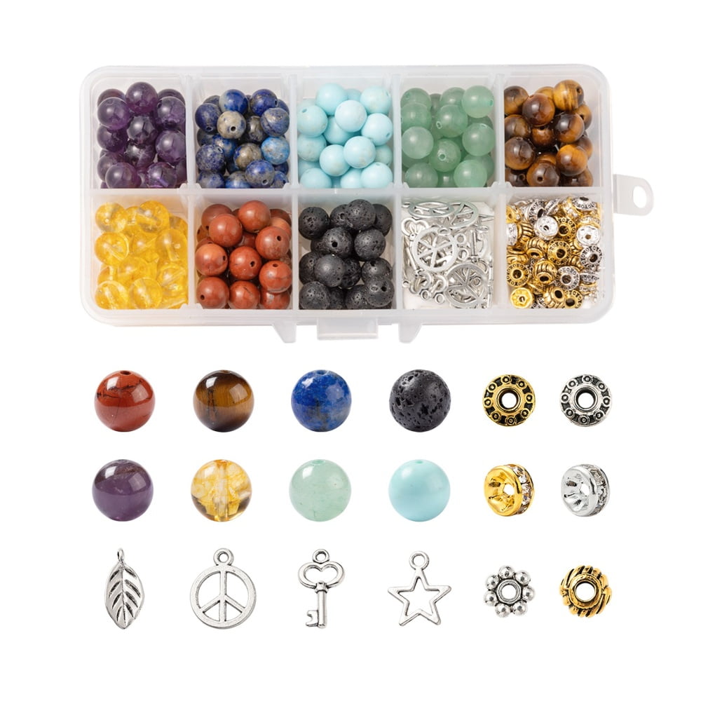 280Pcs 8 Styles 8mm Gemstone Beads Healing Stone Kits with Alloy Star Peace Sign Key Charms Spacer Beads for DIY Gemstone Bracelets Making diy