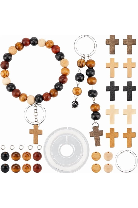 280Pcs Keychain Making Kit Wood Crucifix Charms Easter Wooden Charms Mini Charm Bulk Wood Round Beads Split Key Rings