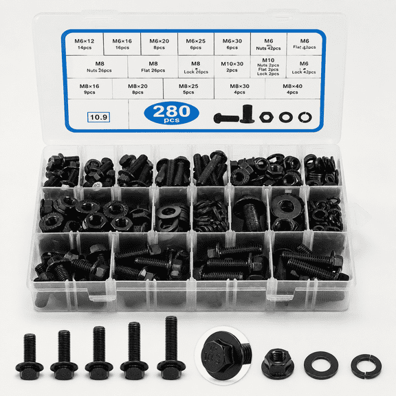 280Pcs Metric Flange Bolt Assortment, Hex Bolts and Nuts Washers Kit for Automotive, 10.9 Black Zinc Galvanized