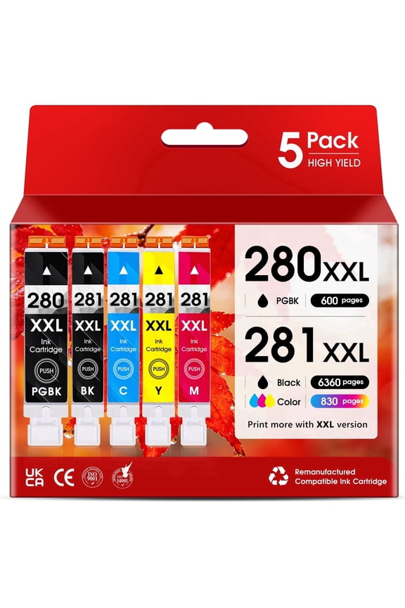 280XXL 281XXL Ink Cartridge Compatible for Canon ink 280 and 281 for PG280 and CL281 for Canon Printer Ink for Canon PIXMA TR7520 TR8520 TR8620 TR8500 TS8222 TS8320 TS8322 TS8120 TS9120 (5-Pack)