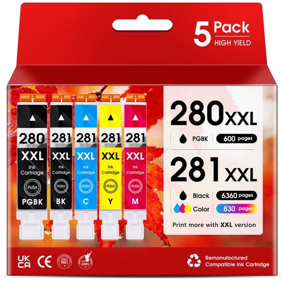 280XXL 281XXL Ink Cartridge for Canon ink 280 and 281 for PG280 and CL281 for Canon Printer Ink for Canon PIXMA TR7520 TR8520 TR8620 TR8500 TS8222 TS8320 TS8322 TS8120 TS9120 Printer(5-Pack)