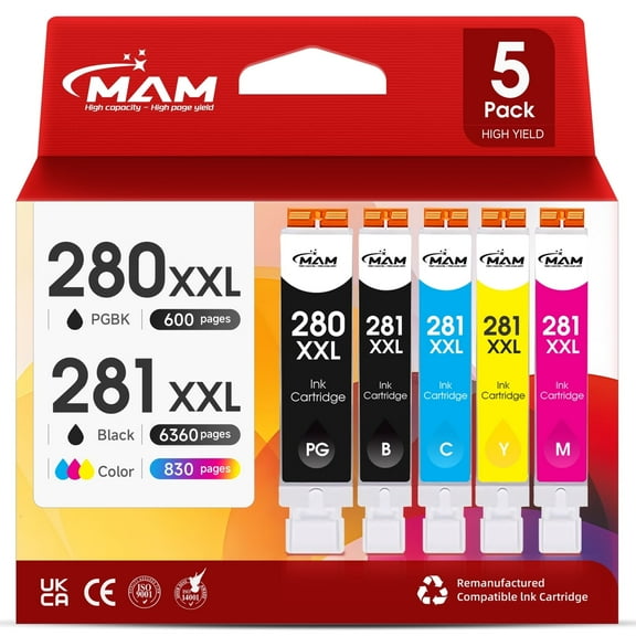 280XXL Ink Cartridge for Canon 280 and 281 Ink for Canon PGI-280 and CLI-281 Work with PIXMA TR8622a TR8600 Ink (5 Pack)