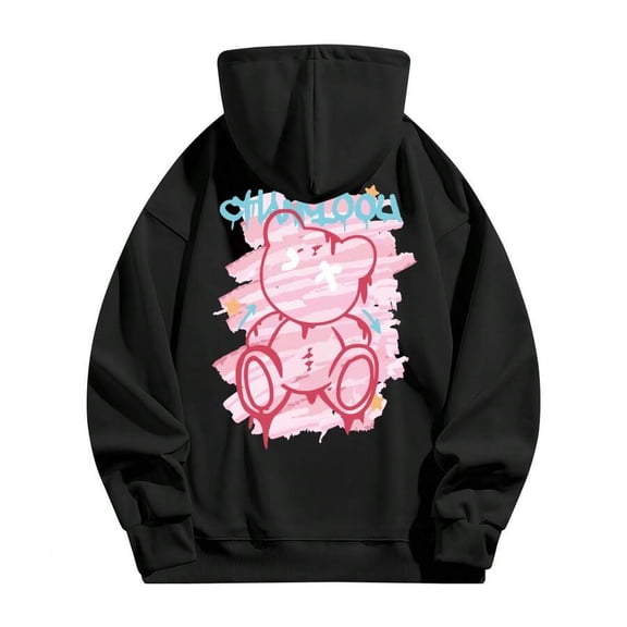 280g 50/50 Cotton Polyester Black Hoodie, Back Pink Graffiti Teddy Bear & "CHILLHOOD" Print, Drawstring Hood & Pocket, S-3XL Unisex Fall Hoodies For Men