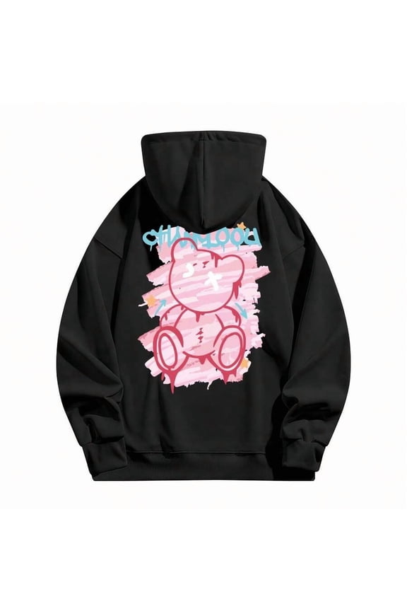 280g 50/50 Cotton Polyester Black Hoodie, Back Pink Graffiti Teddy Bear & "CHILLHOOD" Print, Drawstring Hood & Pocket, S-3XL Unisex Fall Hoodies For Men