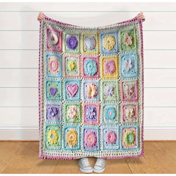 General 280gsm Granny Square Crochet Flannel Blanket - Multicolor Soft Cozy Throw, All-Season Bedspread for Sofa/Bed/Travel (1pc)