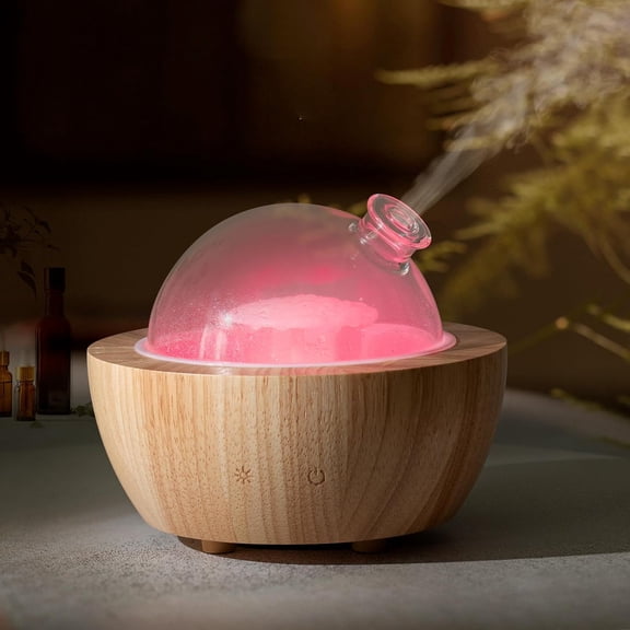 280ml Glass Essential Oil Diffuser with Natural Wood Base, 2025 Upgrade Aromatherapy Diffusers for Home, Cool Mist Air Aroma Diffuse Humidifier 7 Color Lights Office, Bedroom