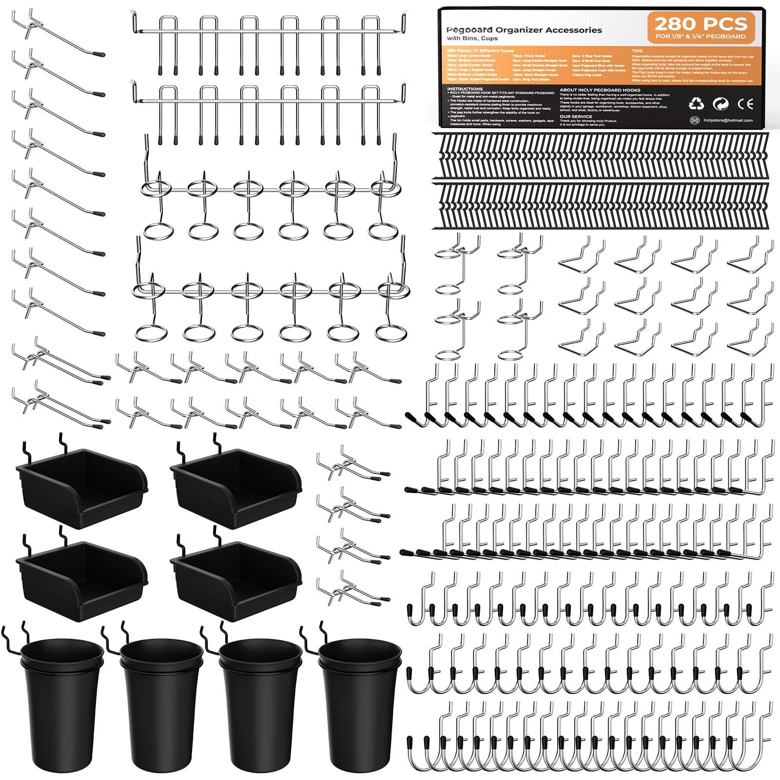 280pcs Upgraded Pegboard Accessories Organizer Kit  Peg Board Hooks Assortment With Bins & Cups For Organizing Tools Fit 1/8 Or 1/4 Inch Garage Workshop Wall Hanging