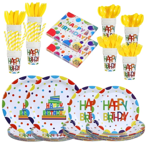 280pcs Yellow Castle Birthday Party Supplies Decorations Serve 40, Paper Plates and Napkins Set, Disposable Party Decorations, Forks Knives Spoons, Paper Plates Napkins Cups Baby Shower Birthday