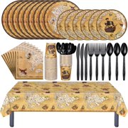 281 Pcs Pirate Party Tableware Set Treasure Map Theme Paper Plates and Napkins Plastic Tablecloth Disposable Knives Forks Spoons for Treasure Theme Birthday Party Decorations