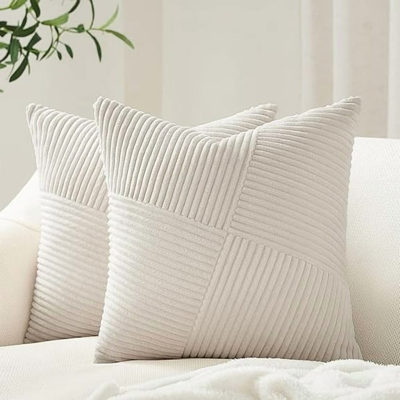 0829 24x24 inches Pillow Covers Set of 2 Cream White Corduroy Decorative Throw Pillow Covers for Sofa Couch Bed, Windmill Textured Striped Patchwork Couch Spring Pillow Case 60x60 cm